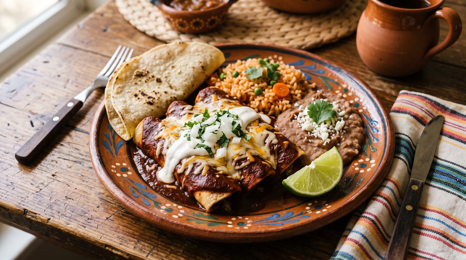 A plate of enchiladas with red sauce, rice, refried beans and a folded corn tortilla on a hand painted clay plate